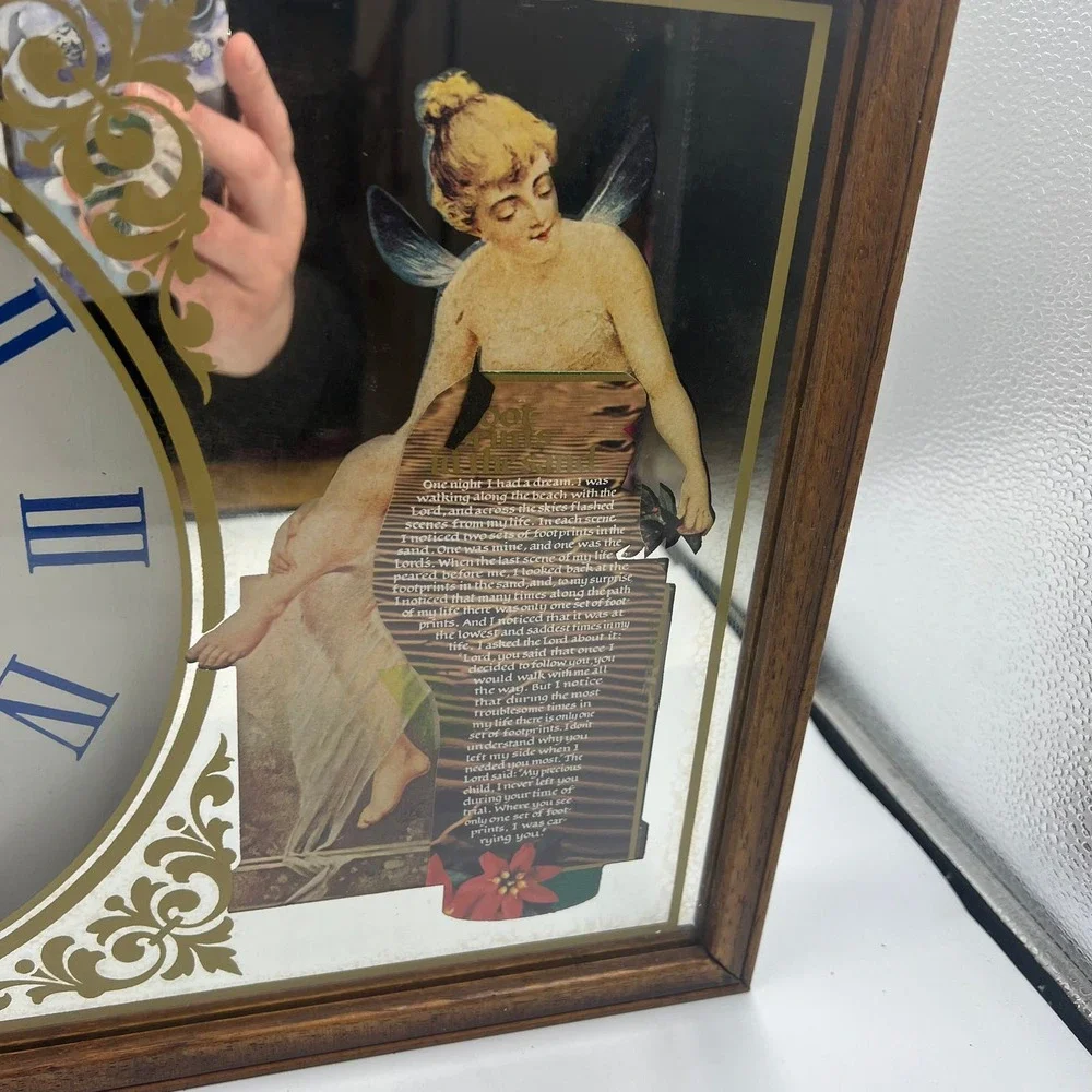Vintage George Nathan Religious Footprints In The Sand Mirrored‎ Clock Untested